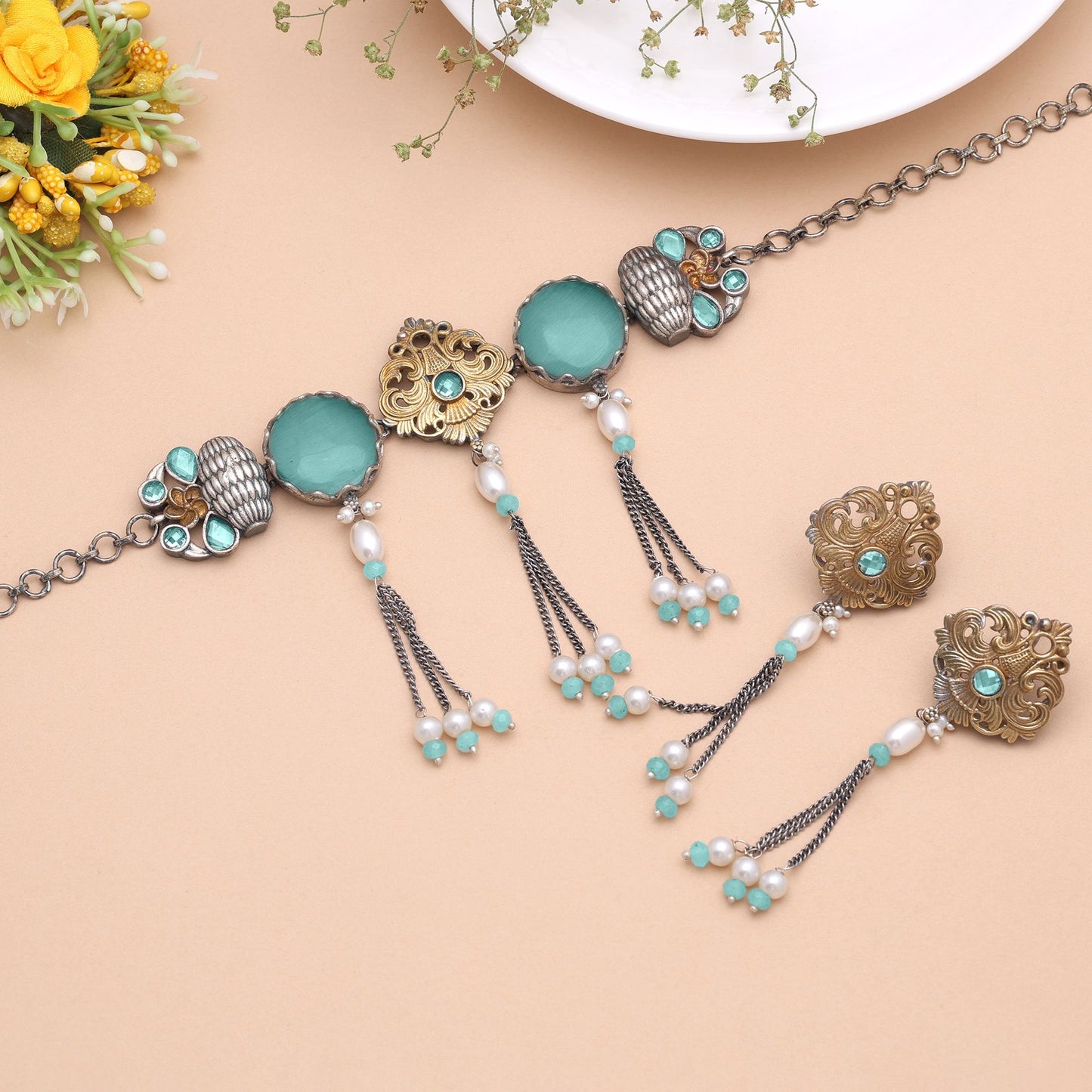 Sea Green Color Dual Tone Oxidised Necklace Set with Elegant Designer Style