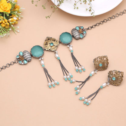 Sea Green Color Dual Tone Oxidised Necklace Set with Elegant Designer Style