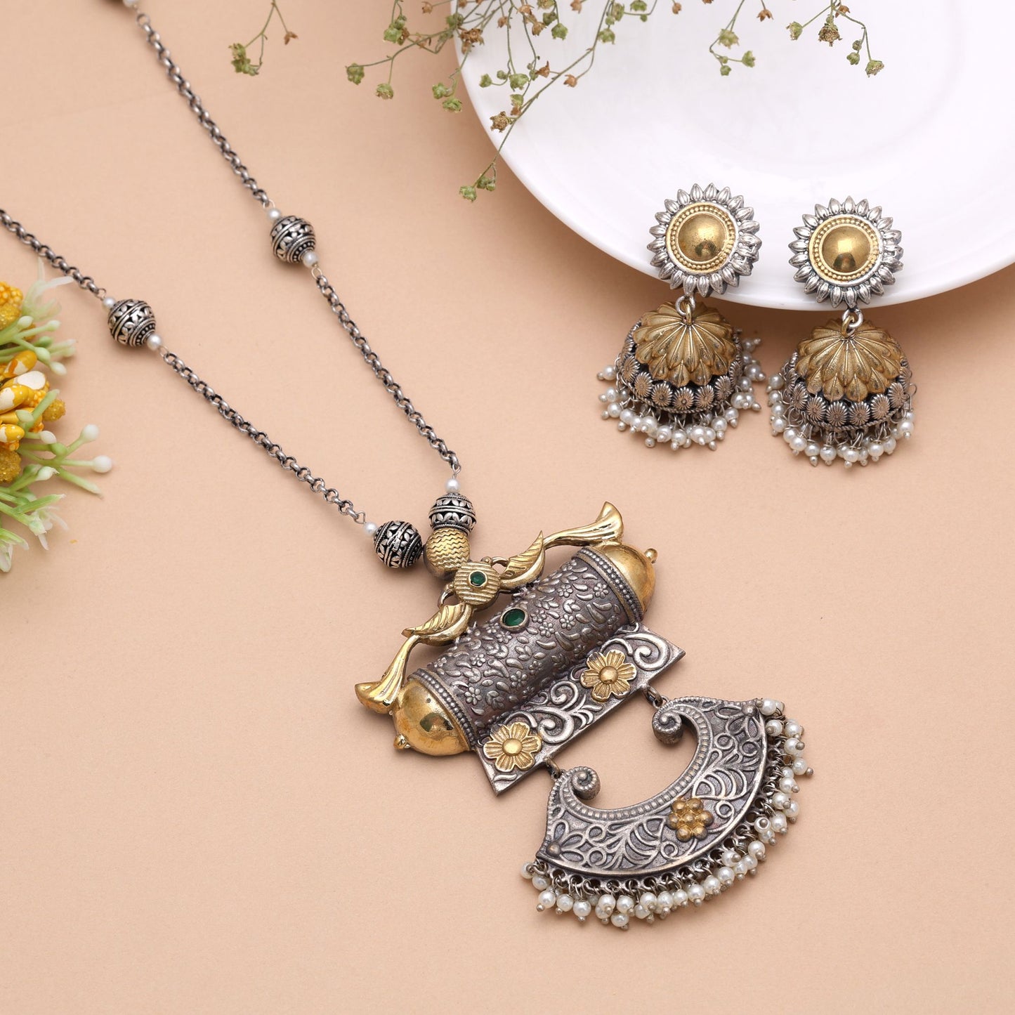 Green Color Dual Tone Oxidised Necklace Set Crafted for Stylish Festive Wear