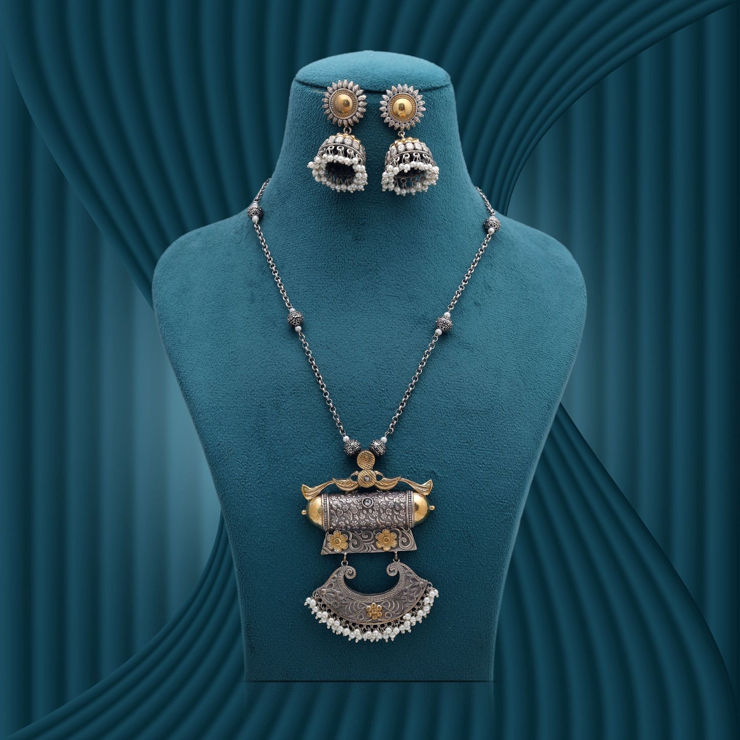 White Color Dual Tone Oxidised Necklace Set with Premium Traditional Finish