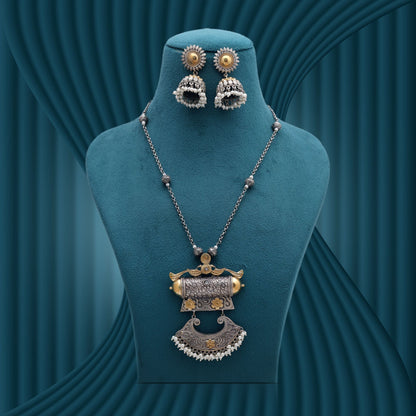 White Color Dual Tone Oxidised Necklace Set with Premium Traditional Finish