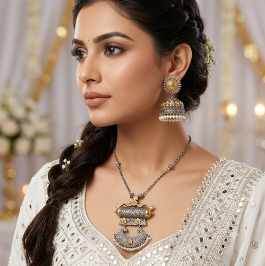 White Color Dual Tone Oxidised Necklace Set with Premium Traditional Finish