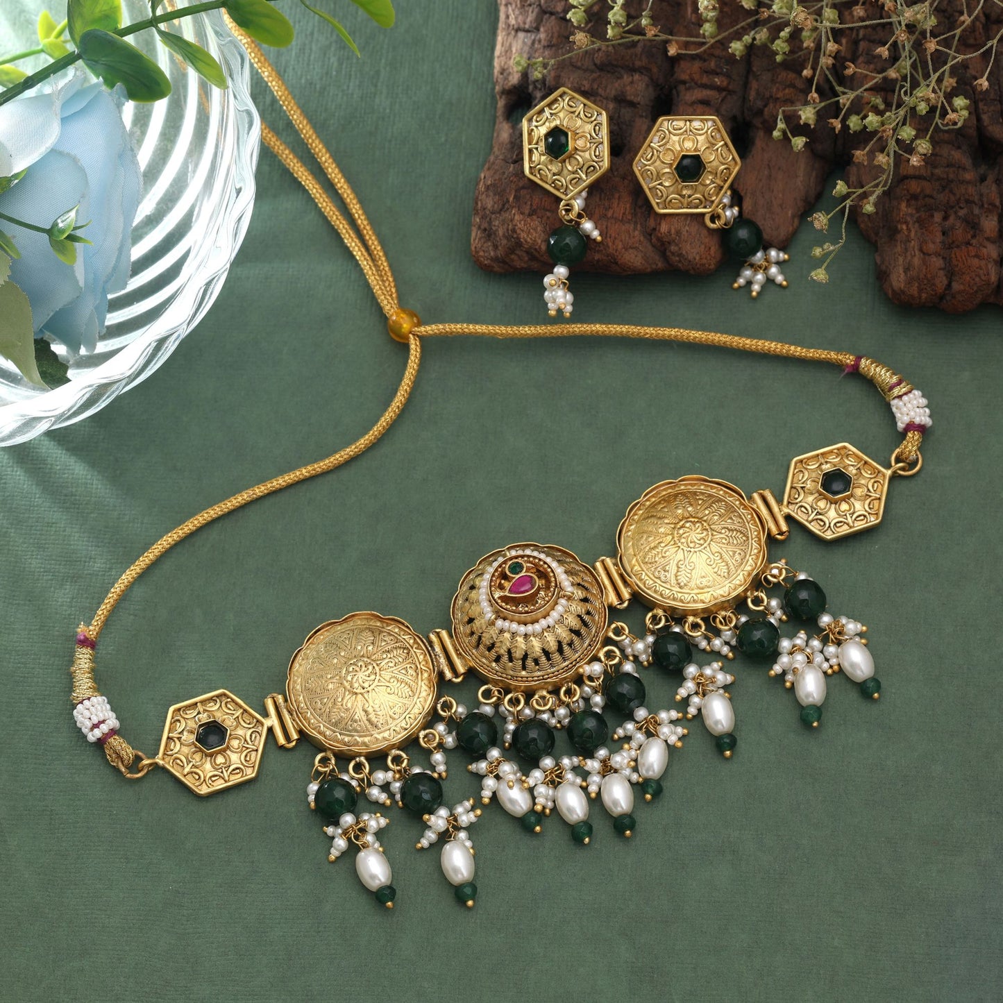 Green Color Oxidised Pachi Kundan Necklace Set with Handmade Ethnic Style