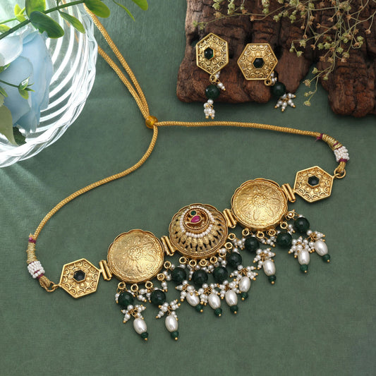 Green Color Oxidised Pachi Kundan Necklace Set with Handmade Ethnic Style