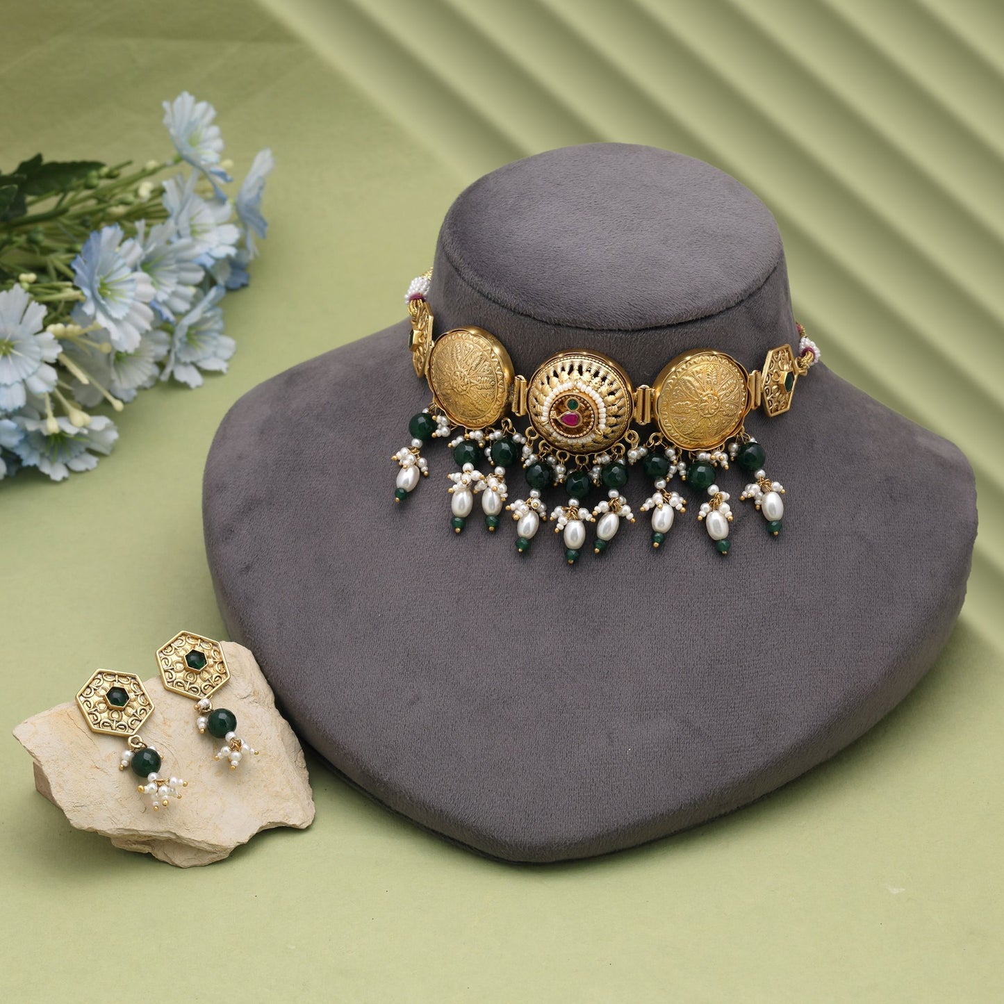 Green Color Oxidised Pachi Kundan Necklace Set with Handmade Ethnic Style