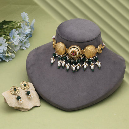 Green Color Oxidised Pachi Kundan Necklace Set with Handmade Ethnic Style