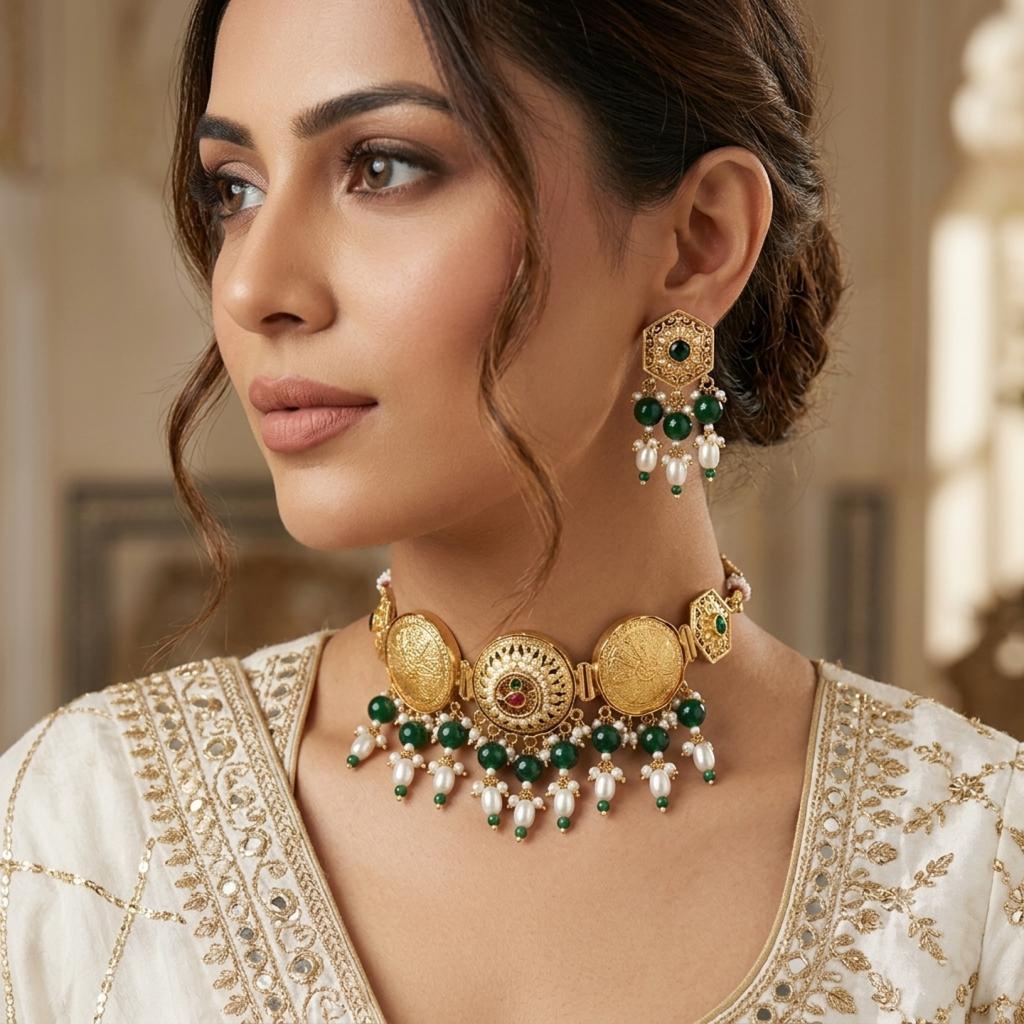 Green Color Oxidised Pachi Kundan Necklace Set with Handmade Ethnic Style