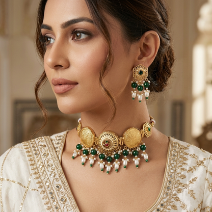 Green Color Oxidised Pachi Kundan Necklace Set with Handmade Ethnic Style
