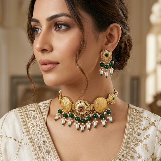Green Color Oxidised Pachi Kundan Necklace Set with Handmade Ethnic Style