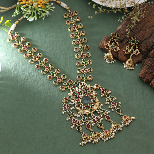 Multi Color Quartz Oxidised Necklace Set Featuring Premium Traditional Jewelry Finish