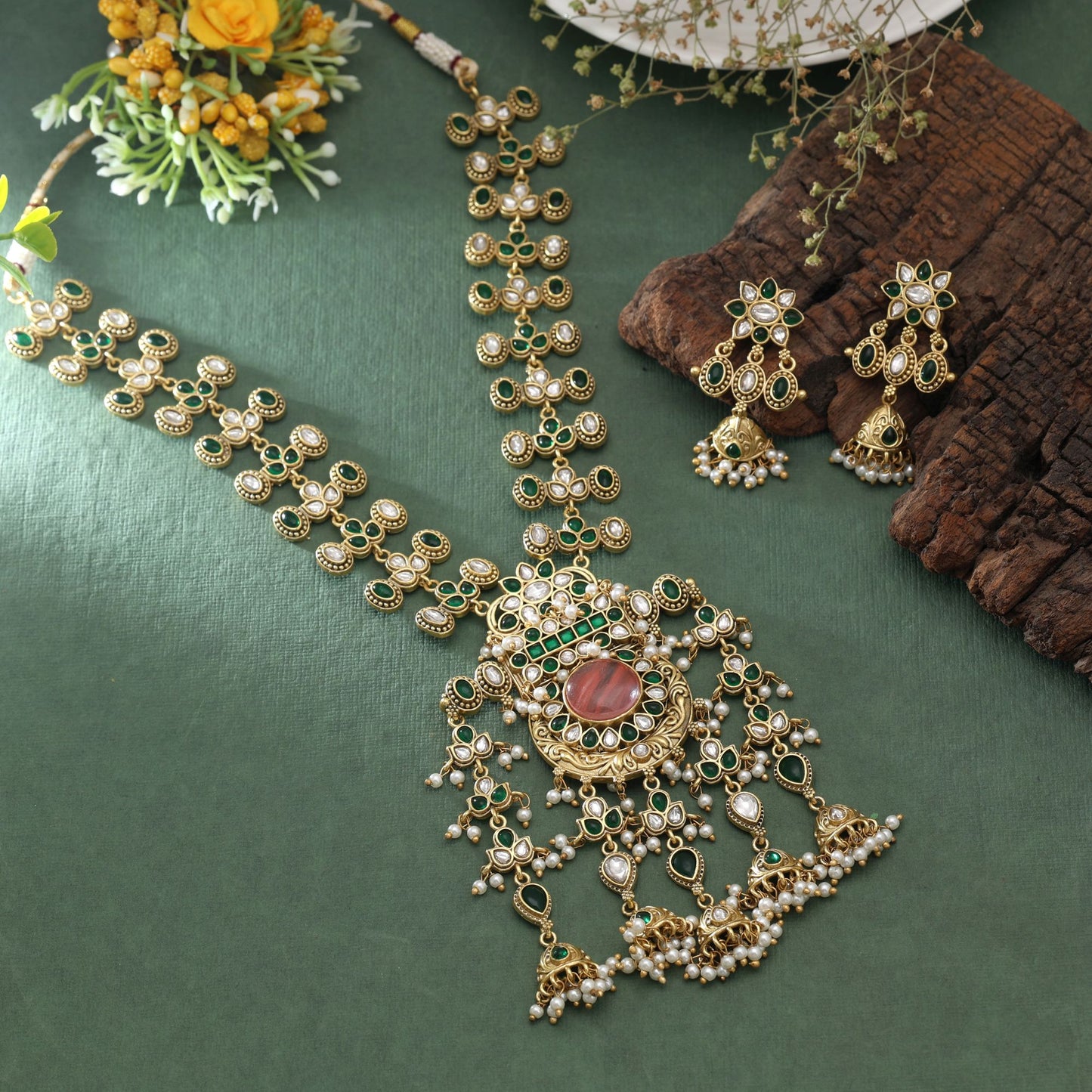 Peach Color Quartz Oxidised Necklace Set Crafted for Graceful Designer Fashion Look