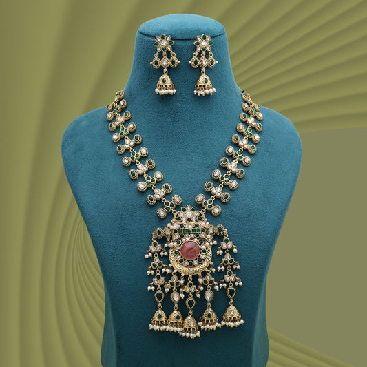 Peach Color Quartz Oxidised Necklace Set Crafted for Graceful Designer Fashion Look