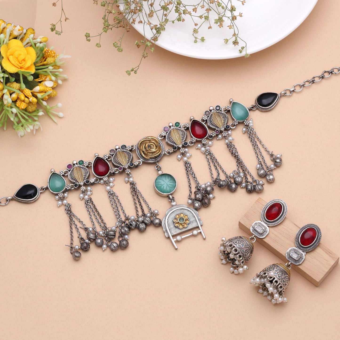 Multi Color Oxidised Necklace Set with Stylish Ethnic Fashion Appeal