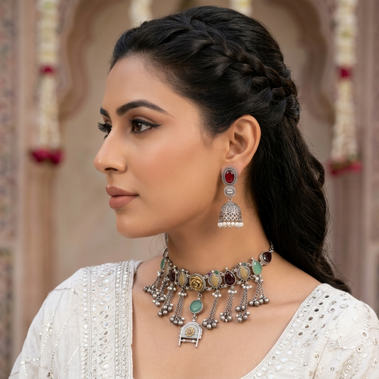 Multi Color Oxidised Necklace Set with Stylish Ethnic Fashion Appeal