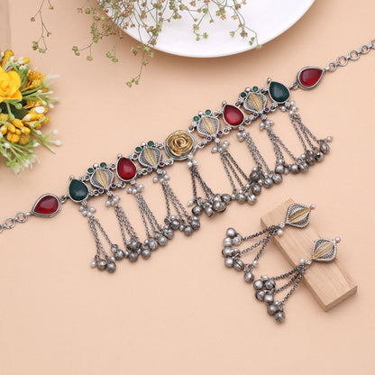 Multi Color Dual Tone Oxidised Kashmiri Necklace Set Featuring Royal Heritage Style