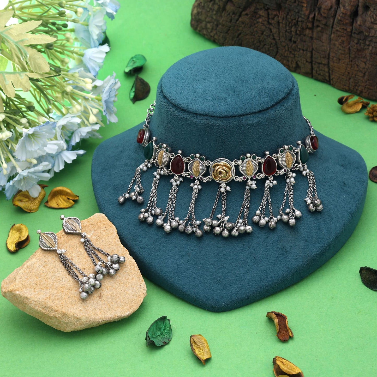 Multi Color Dual Tone Oxidised Kashmiri Necklace Set Featuring Royal Heritage Style