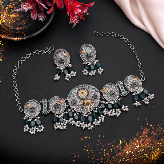 Green Color Dual Tone Oxidised Stone Necklace Set Featuring Beautiful Ethnic Appeal