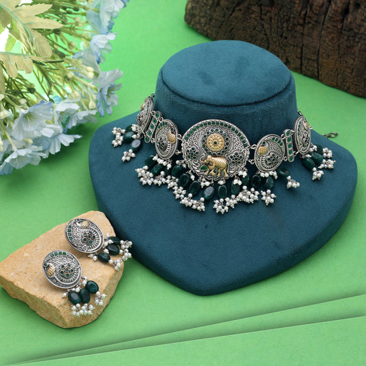 Green Color Dual Tone Oxidised Stone Necklace Set Featuring Beautiful Ethnic Appeal