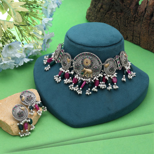 Multi Color Dual Tone Oxidised Stone Necklace Set with Elegant Traditional Design