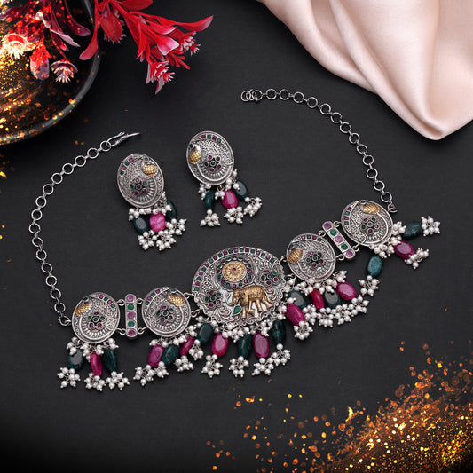 Multi Color Dual Tone Oxidised Stone Necklace Set with Elegant Traditional Design