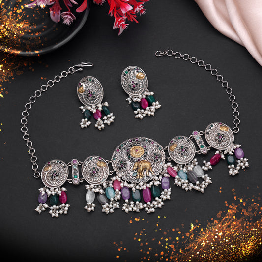 Rani & Green Color Dual Tone Oxidised Stone Necklace Set Crafted for Festive Wear
