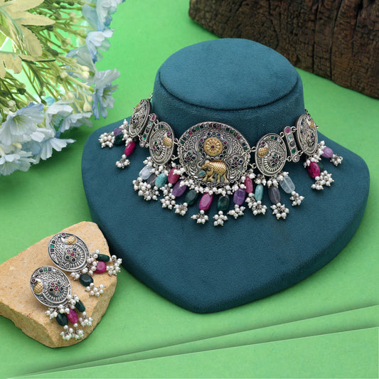 Rani & Green Color Dual Tone Oxidised Stone Necklace Set Crafted for Festive Wear