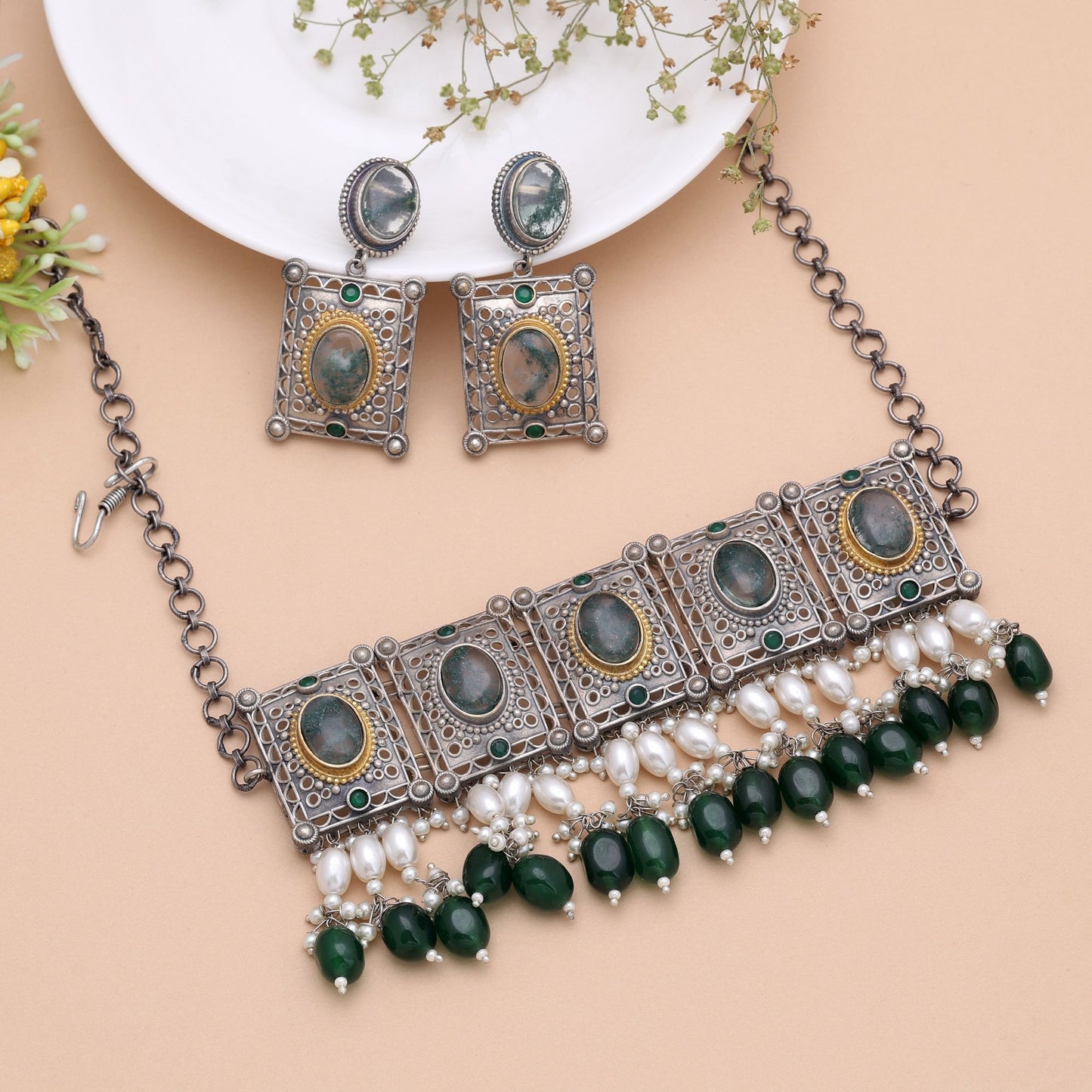 Green Color Dual Tone Oxidised Stone Necklace Set with Graceful Handmade Appeal
