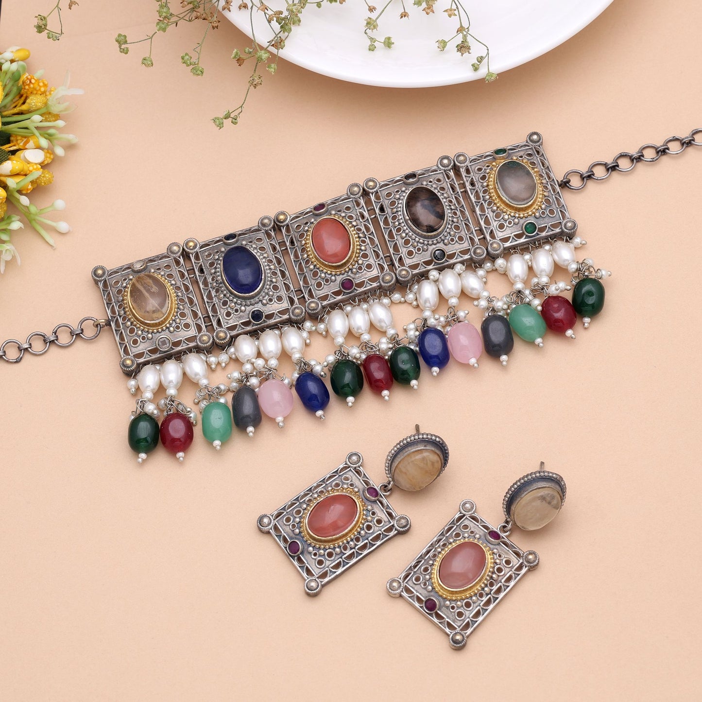 Multi Color Dual Tone Oxidised Stone Necklace Set Featuring Premium Designer Style