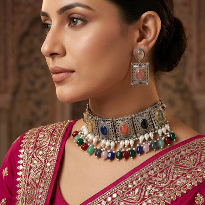 Multi Color Dual Tone Oxidised Necklace Set Featuring Premium Designer Style