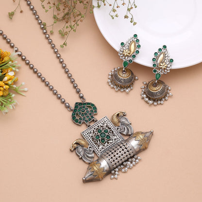 Green Color Dual Tone Oxidised Stone Necklace Set Featuring Traditional Fashion Style