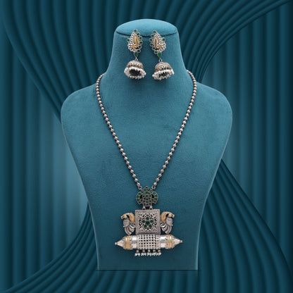Green Color Dual Tone Oxidised Stone Necklace Set Featuring Traditional Fashion Style