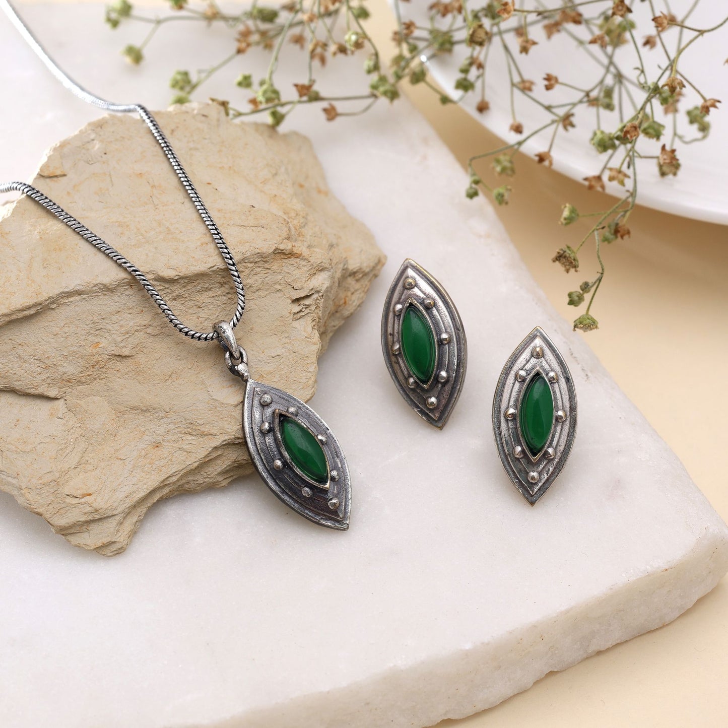 Green Color Oxidised Stone Necklace Set Crafted with Beautiful Ethnic Design