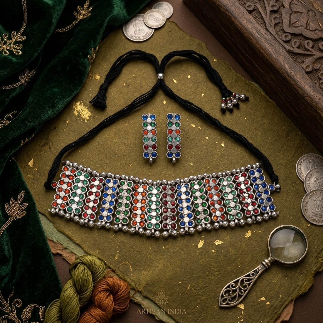 Multi Color Rainbow Oxidised Necklace Set Colorful Designer Style