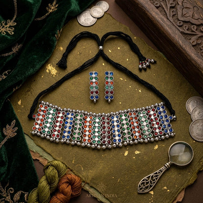 Multi Color Rainbow Oxidised Necklace Set Colorful Designer Style