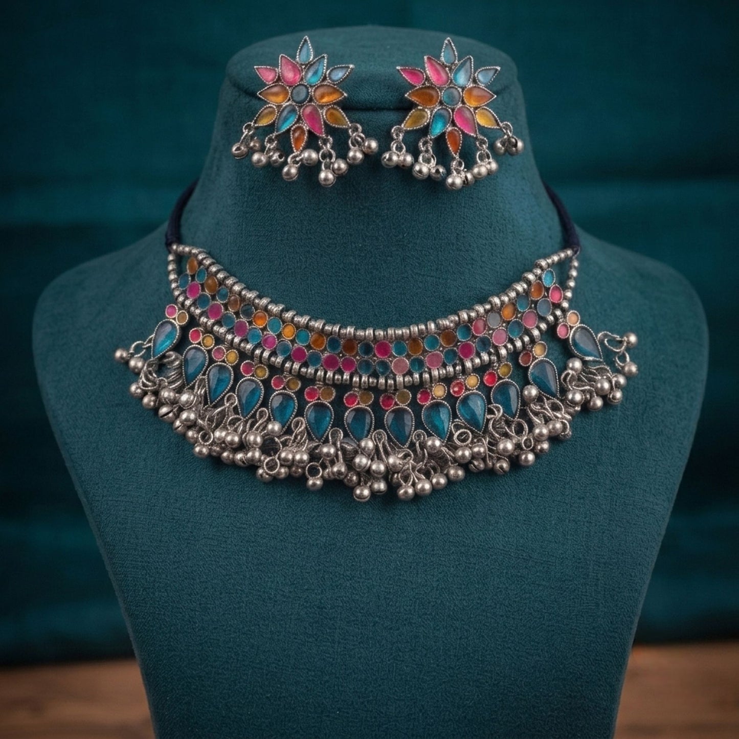 Multi Color Meena Work Oxidised Necklace Set Ethnic Designer Style