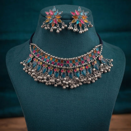 Multi Color Meena Work Oxidised Necklace Set Ethnic Designer Style