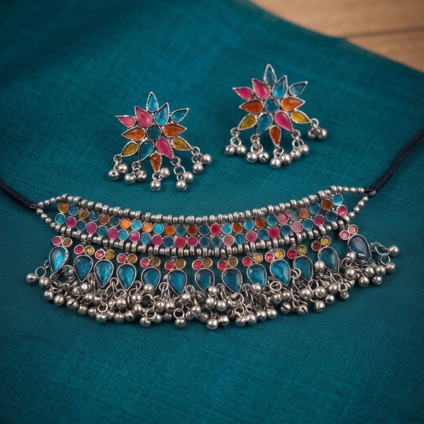 Multi Color Meena Work Oxidised Necklace Set Ethnic Designer Style