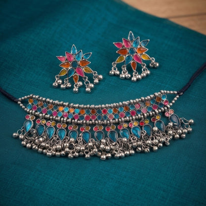 Multi Color Meena Work Oxidised Necklace Set Ethnic Designer Style