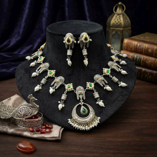 Traditional Handcrafted Multi Color Oxidised Necklace Set For Ethnic Suits