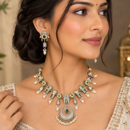 Traditional Handcrafted Multi Color Oxidised Necklace Set For Ethnic Suits