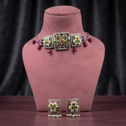 Tribal Style Multi Color Oxidised Necklace Set For Navratri Celebrations