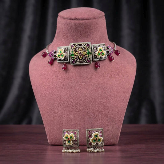 Tribal Style Multi Color Oxidised Necklace Set For Navratri Celebrations