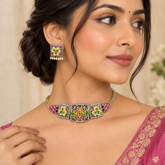 Tribal Style Multi Color Oxidised Necklace Set For Navratri Celebrations