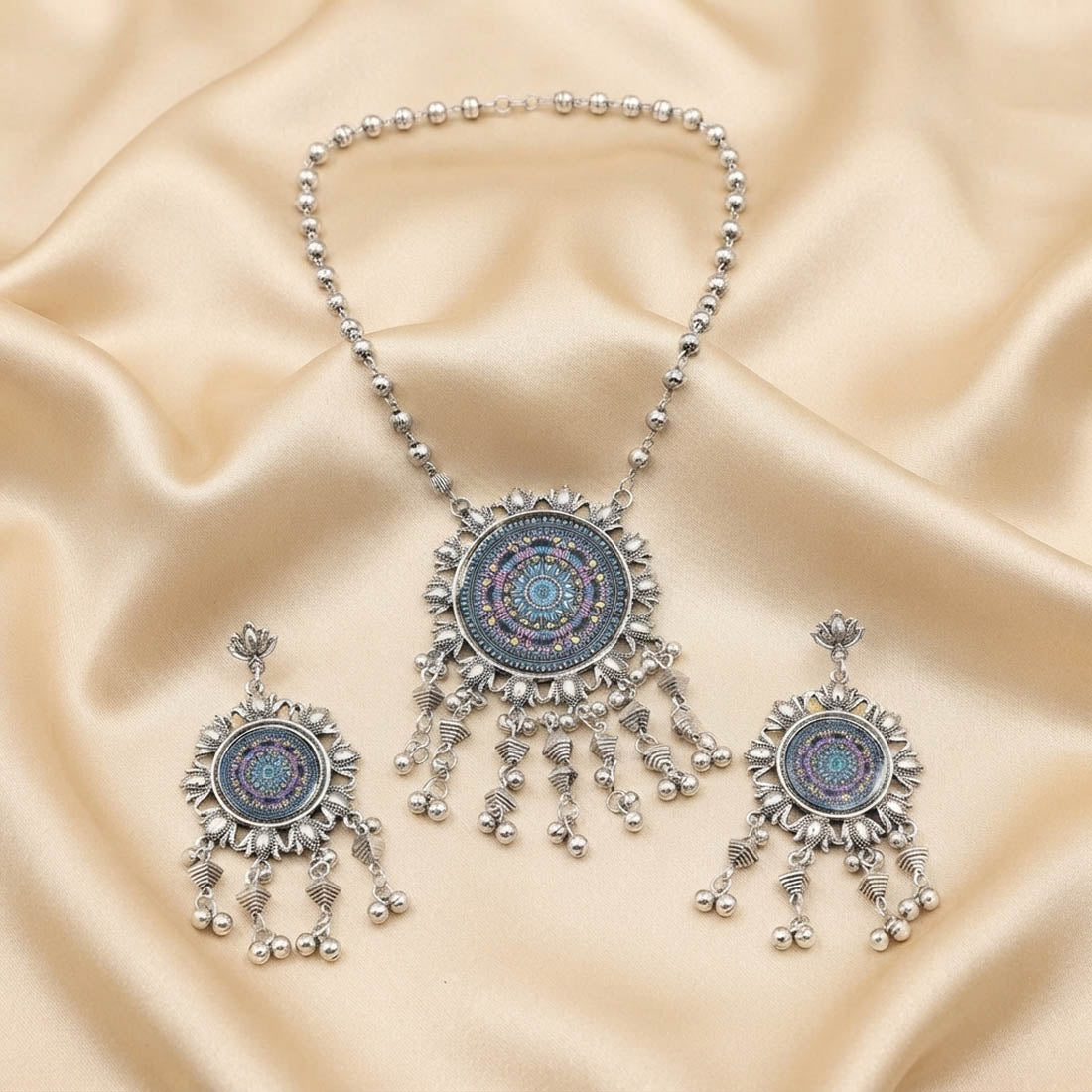 Traditional Silver Color Oxidised Necklace Set Complete with Matching Earrings