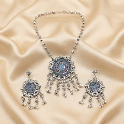 Traditional Silver Color Oxidised Necklace Set Complete with Matching Earrings
