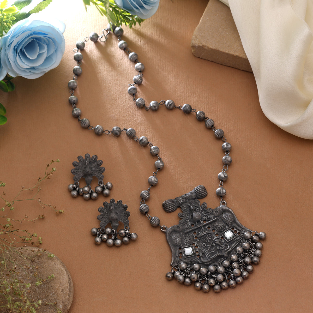 Elegant Silver Color Oxidised Necklace Set Perfect for Ethnic Party Wear