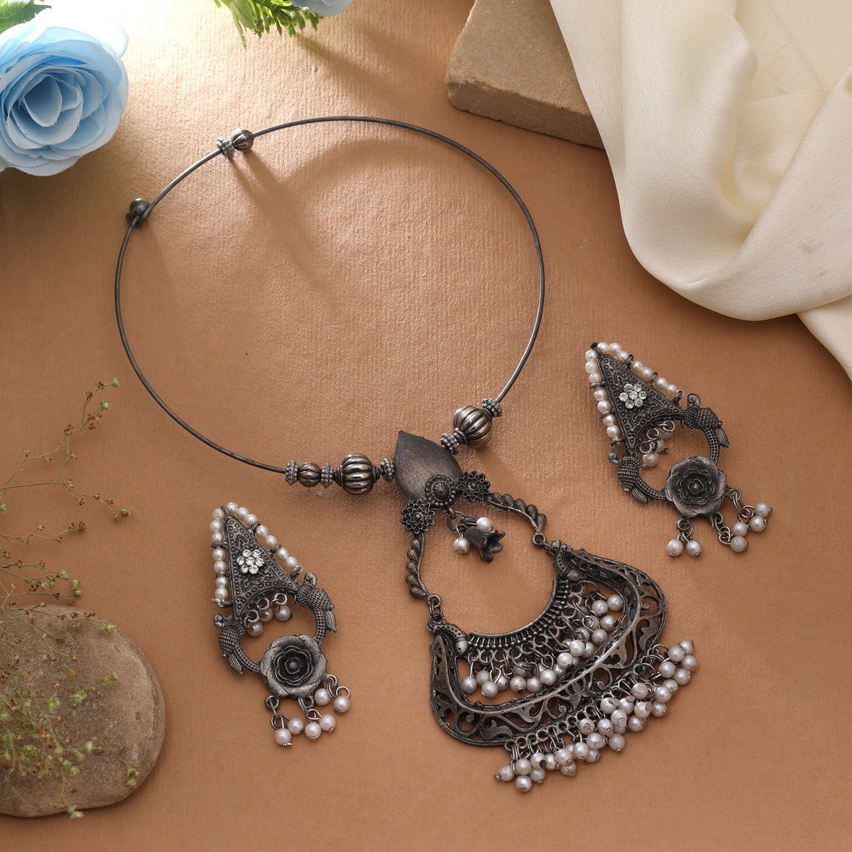 Heavy Silver Color Hasli Oxidised Necklace Set with Traditional Tribal Motifs