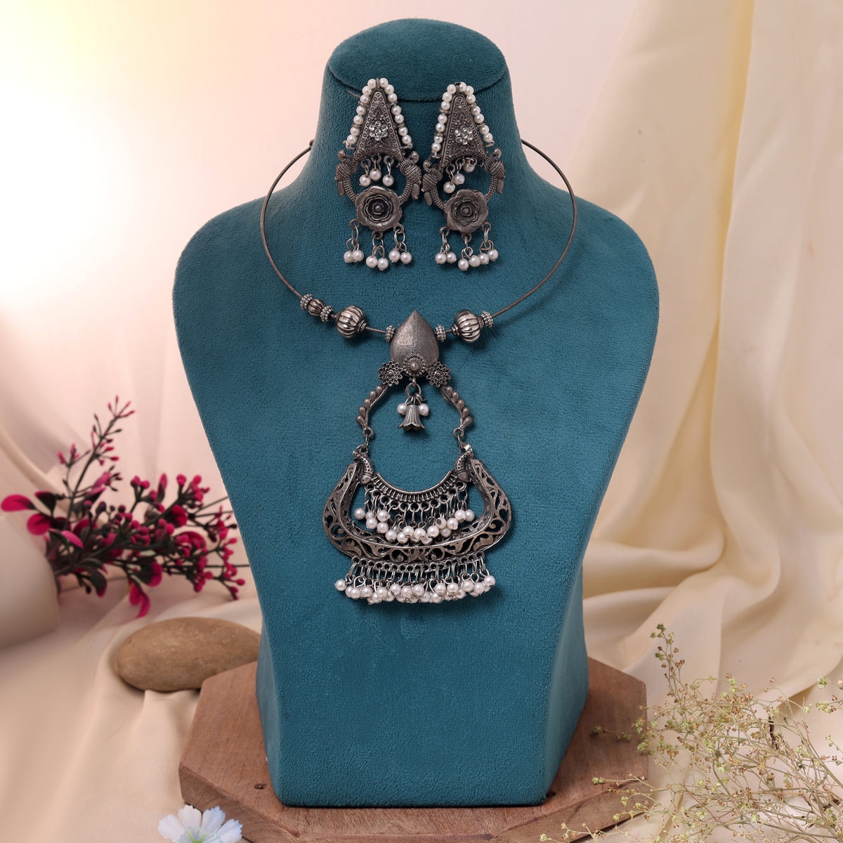 Heavy Silver Color Hasli Oxidised Necklace Set with Traditional Tribal Motifs