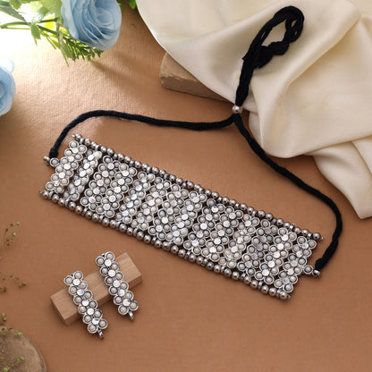 Beautiful Silver Color Oxidised Necklace Set Highlighting Intricate Artisanal Carvings