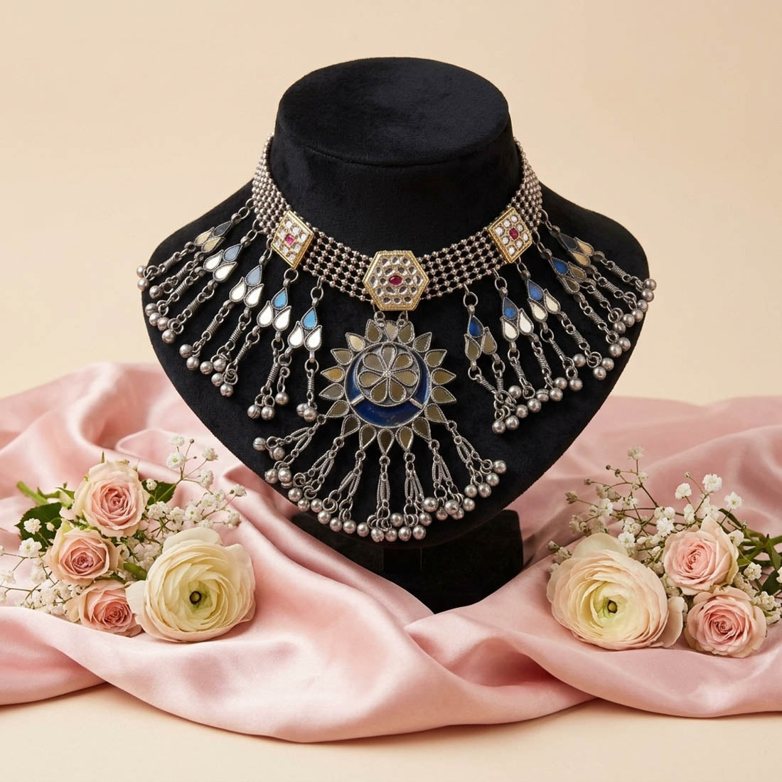Striking Blue Color Dual Tone Mirror Work Oxidised Necklace Party Wear